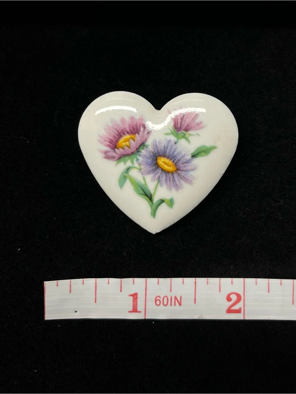 Vintage Avon Floral Heart Brooch White Ceramic Porcelain Purple Flower Pin